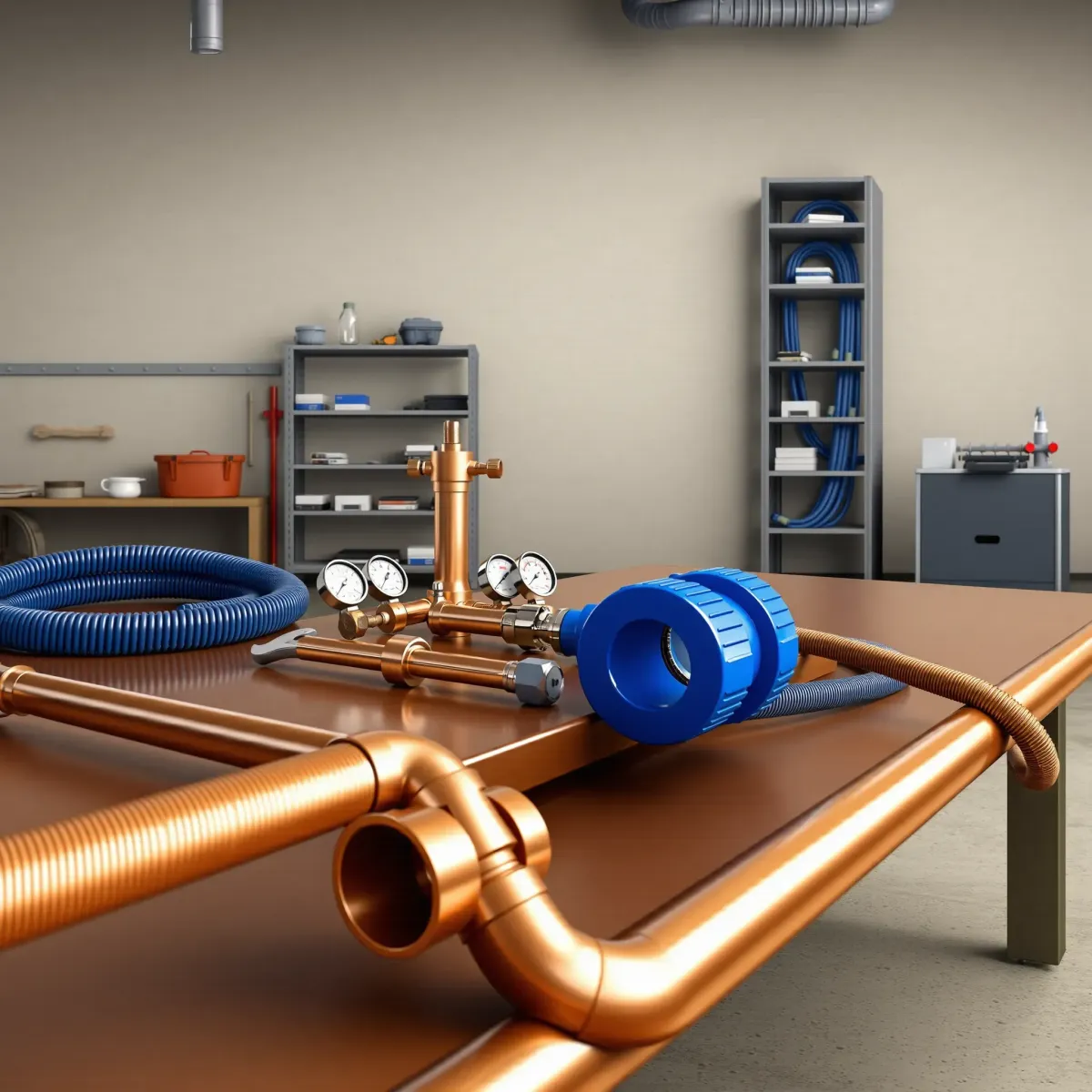 Professional emergency plumbing setup in Empire, CO with organized tools, copper and PVC pipes, gauges, and a clean workshop.