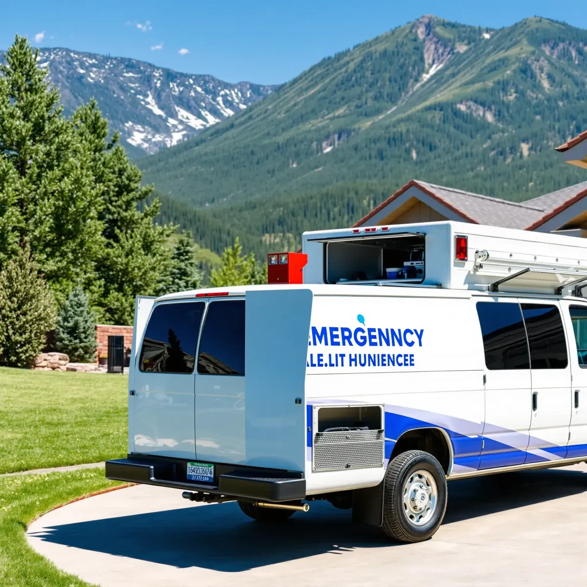 Emergency plumbing service vehicle in Red Cliff, CO with visible equipment, parked in front of a tidy home amidst mountain scenery.