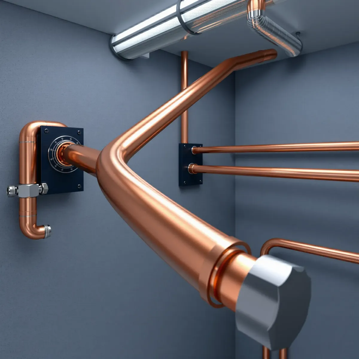 shiny copper emergency plumbing system with valves, fittings, and polished surfaces in a clean industrial utility room