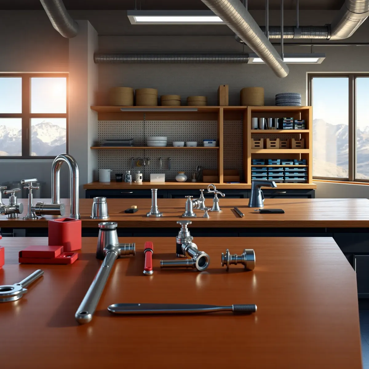 Renovated Twin Lakes, CO plumbing workshop with organized tools, fixtures, natural light, and mountain views.