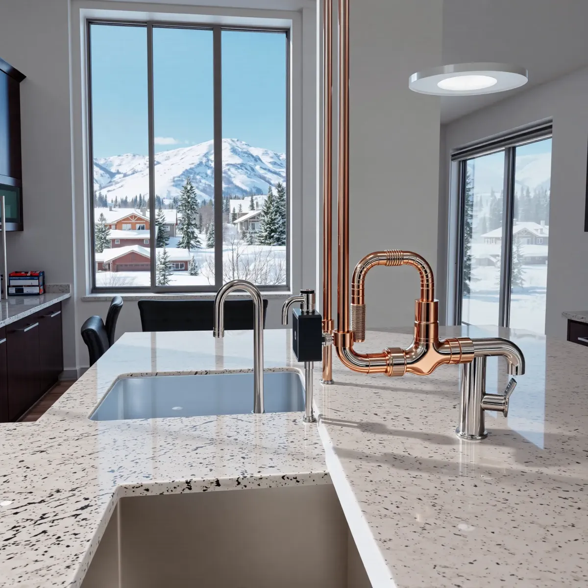 Pristine emergency plumbing repair scene in a modern Snowmass Village kitchen with copper pipes, great mountain views.