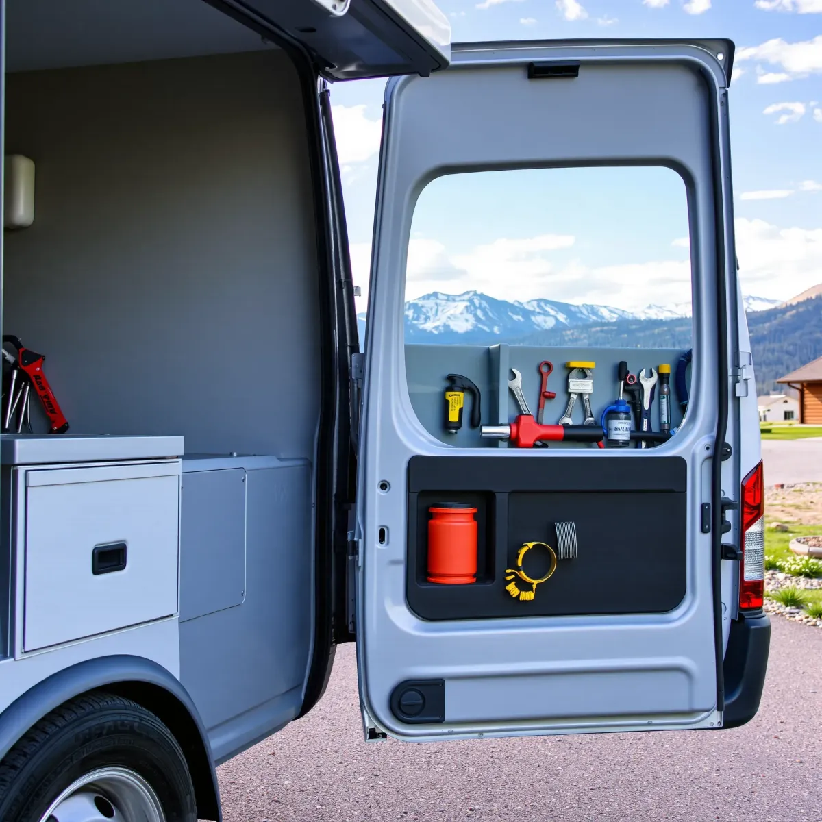 Emergency plumbing van with tools parked near a rustic mountain home in Heeney, CO, amid scenic greenery and clear skies.