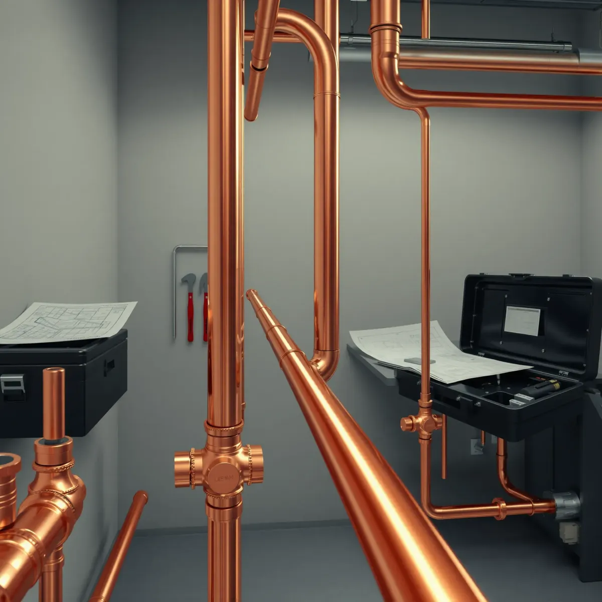 Pristine professional plumbing setup with copper pipes, fittings, tools, blueprint, and modern workshop environment.