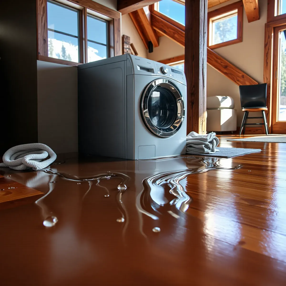 Leak depicting a mountain-style kitchen in Breckenridge, CO, with water leaking from a washing machine onto wet hardwood floors.