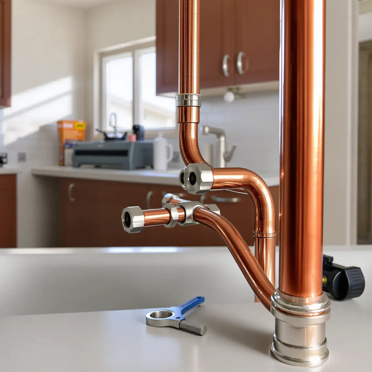Professional emergency plumbing repair in a home kitchen or bathroom with copper pipes, stainless fixtures, and organized tools.