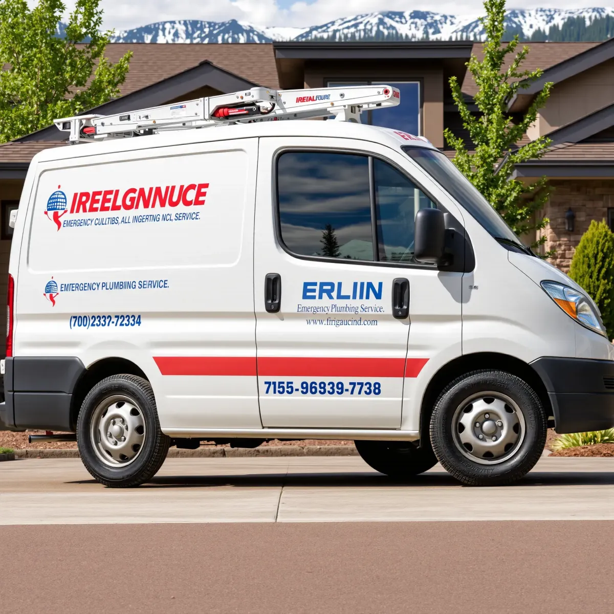 Emergency plumbing service vehicle parked outside a modern Colorado home with mountain scenery and clear branding.