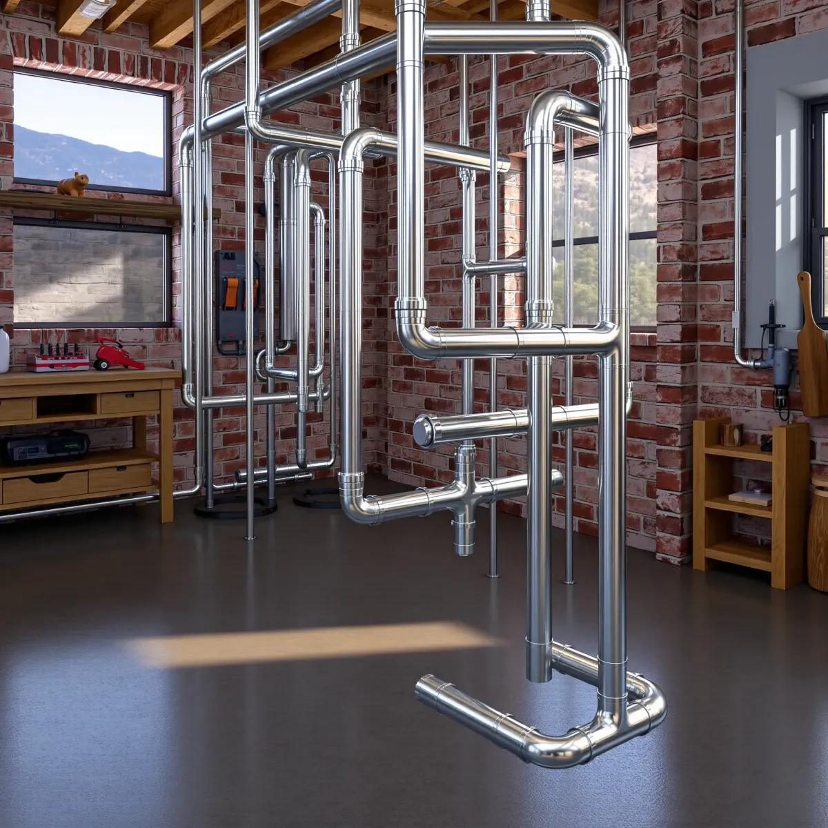 Completed stainless steel emergency plumbing system in Mesa Cortina, CO, with fixtures, valves, and organized workspace.