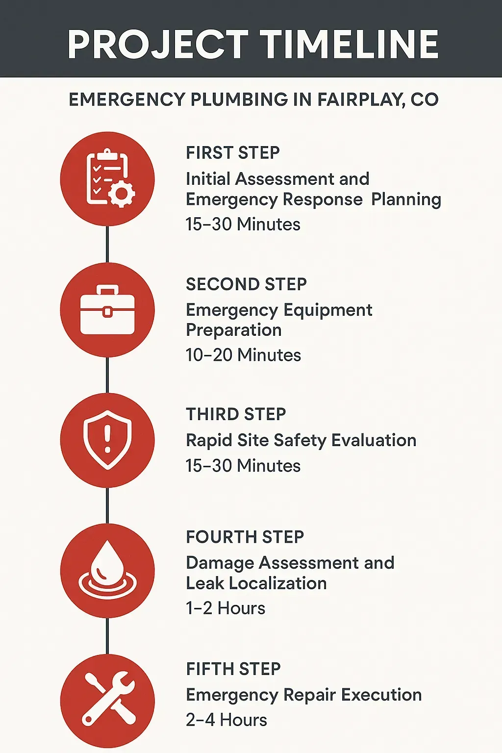 Infographic illustrating the 5-step emergency plumbing project timeline in Fairplay, CO, from assessment to repair completion.