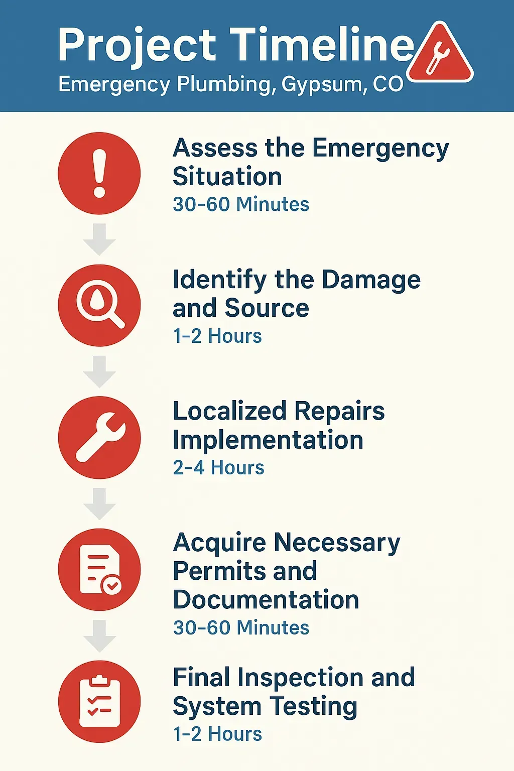 Infographic showing Emergency Plumbing project timeline in Gypsum, CO: assess, identify, repair, permit, inspect.