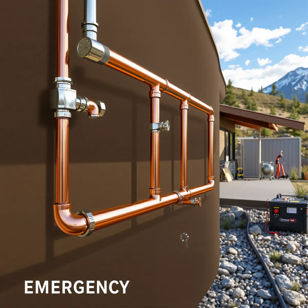 Freshly installed copper plumbing on a mountain home's exterior, with valves, fittings, and natural outdoor scenery.