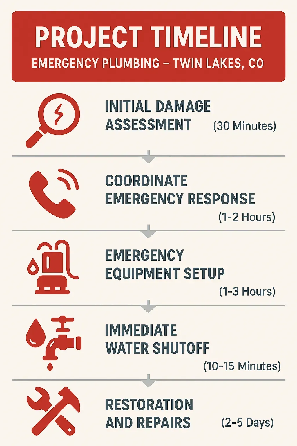Infographic showing 5-step emergency plumbing timeline: damage assessment, response, setup, shutoff, repairs.