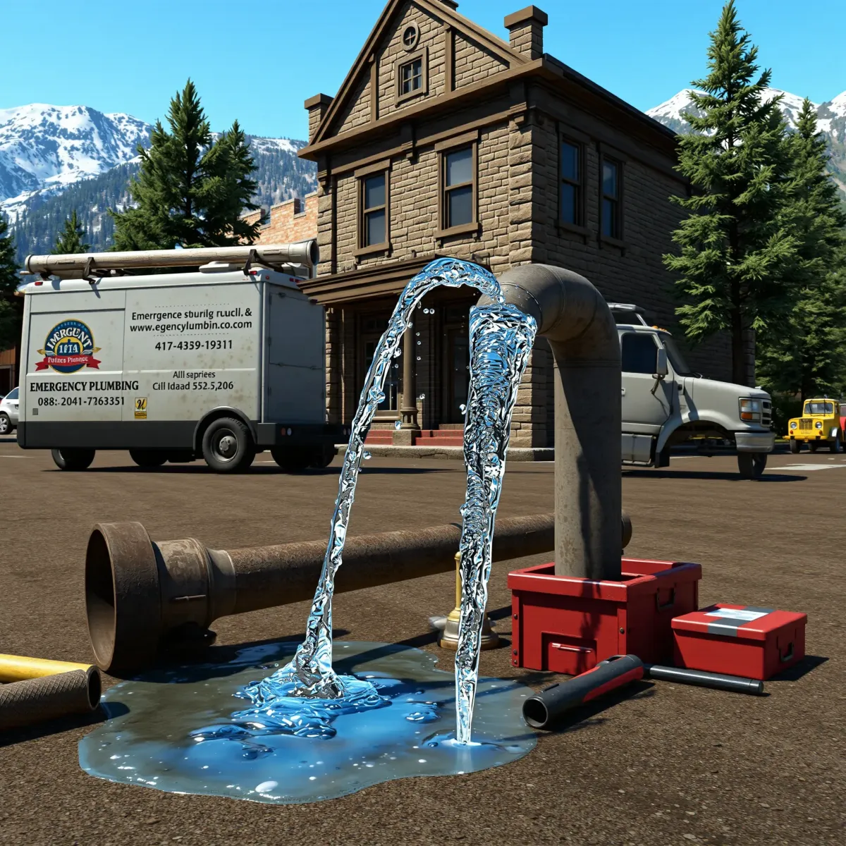 Emergency plumbing scene in Idaho Springs, CO with a rustic truck, leaking pipe, tools, and mountain backdrop.