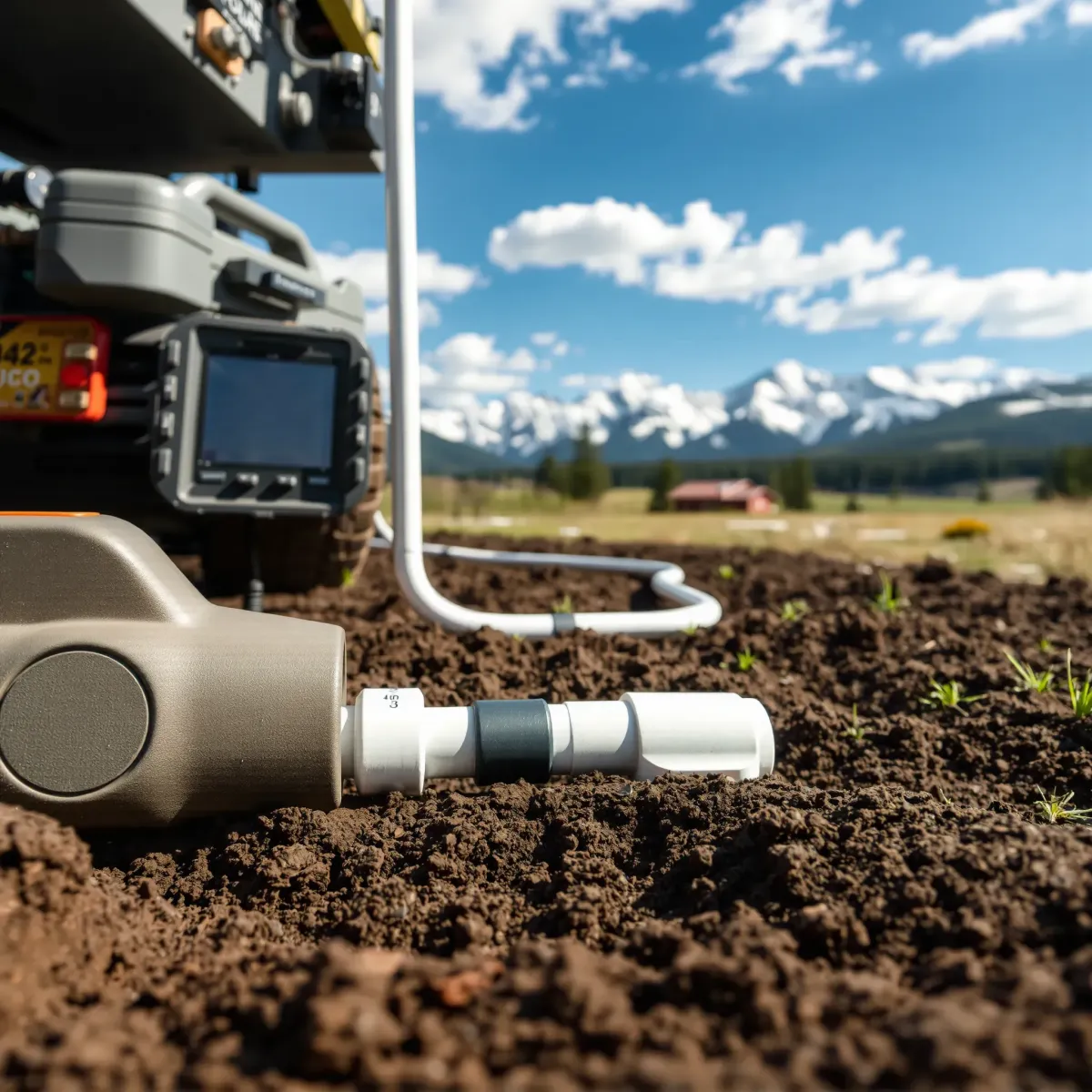 Leak detection in Breckenridge, CO showing modern equipment, underground pipes, soil layers, and Colorado mountain views.