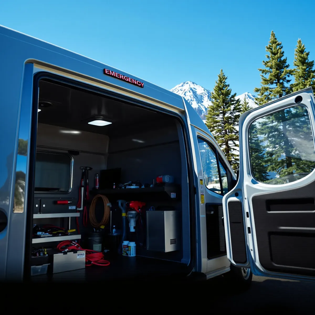 Emergency plumbing van with organized tools at Vail, CO mountain scene—trustworthy, professional, scenic setting.