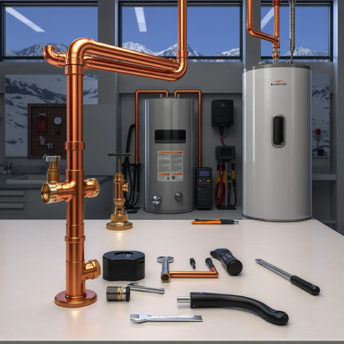 Emergency plumbing setup in Silverthorne, CO with copper pipes, modern valves, water heater, and professional tools.