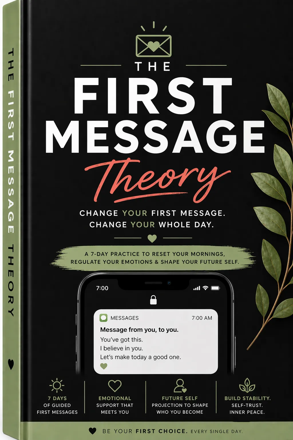 3D physical workbook mockup standing upright, deep forest green cover with gold foil accents