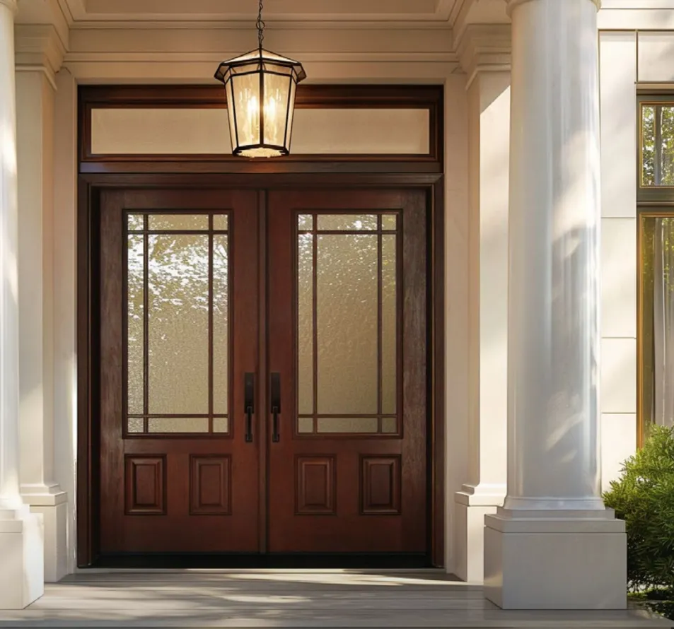 A new Mastergain woodgrain entry door in a dark mahogany colour installed by Fasada in an Oakville home.