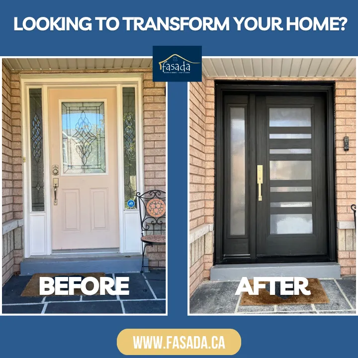 Before and after image of a newly installed entry door in Oakville by Fasada Windows and Doors.