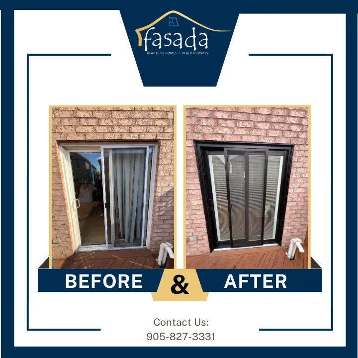 A before and after showcase of a patio door re-done with black trim and internal blinds by Fasada Windows and Doors.