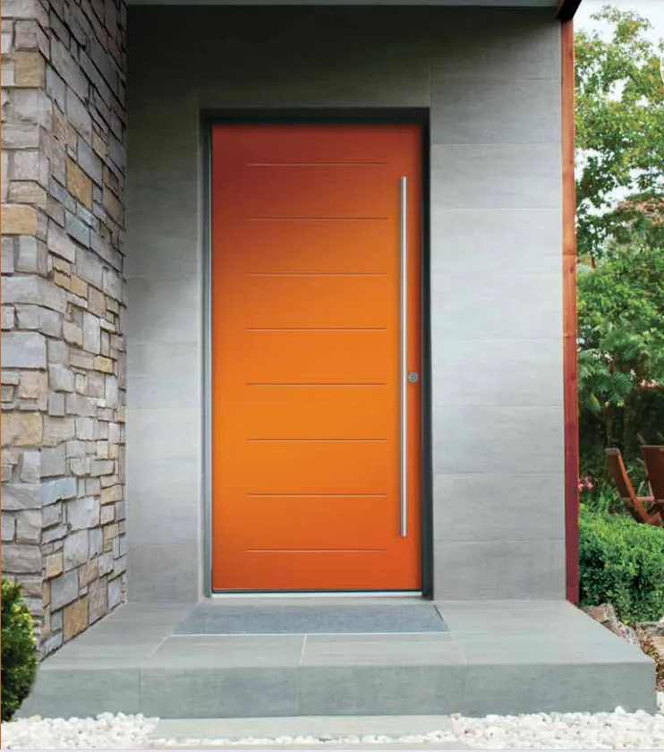 A bright orange steel door with a sleek modern style.