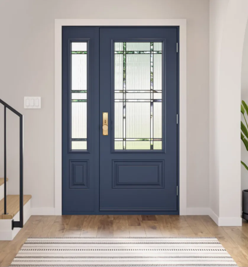 Interior of a home showing a blue steel doors with glass inserts.