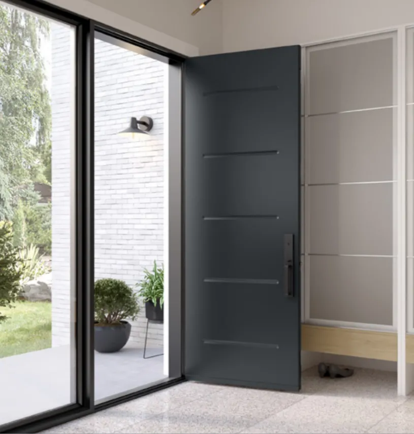 An open steel entry door of an Oakville home with a contemporary style.