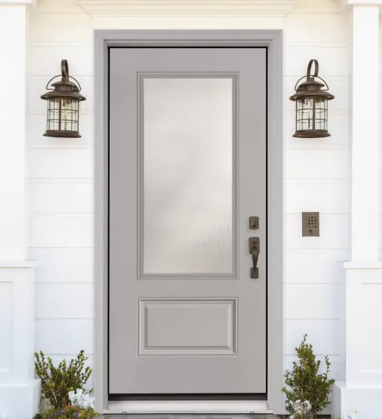 Grey steel entry door installed by Fasada Windows and Doors.