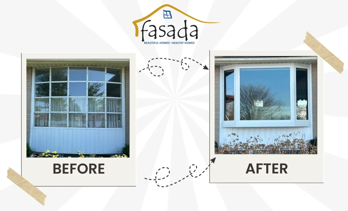 Bay window before and after branded Fasada image.