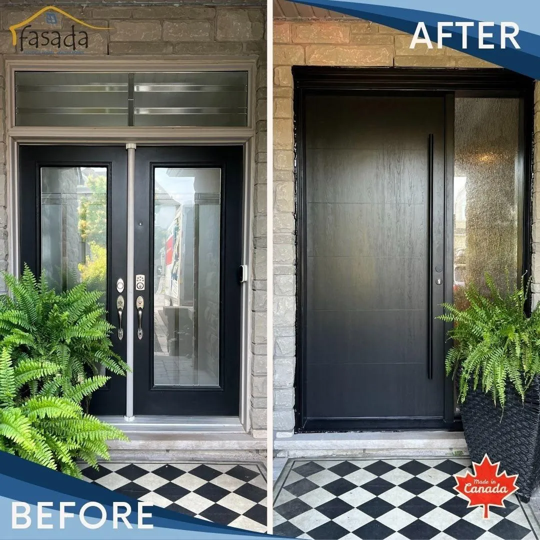 Before and after entry doors from an Oakville home branded by Fasada windows and doors.