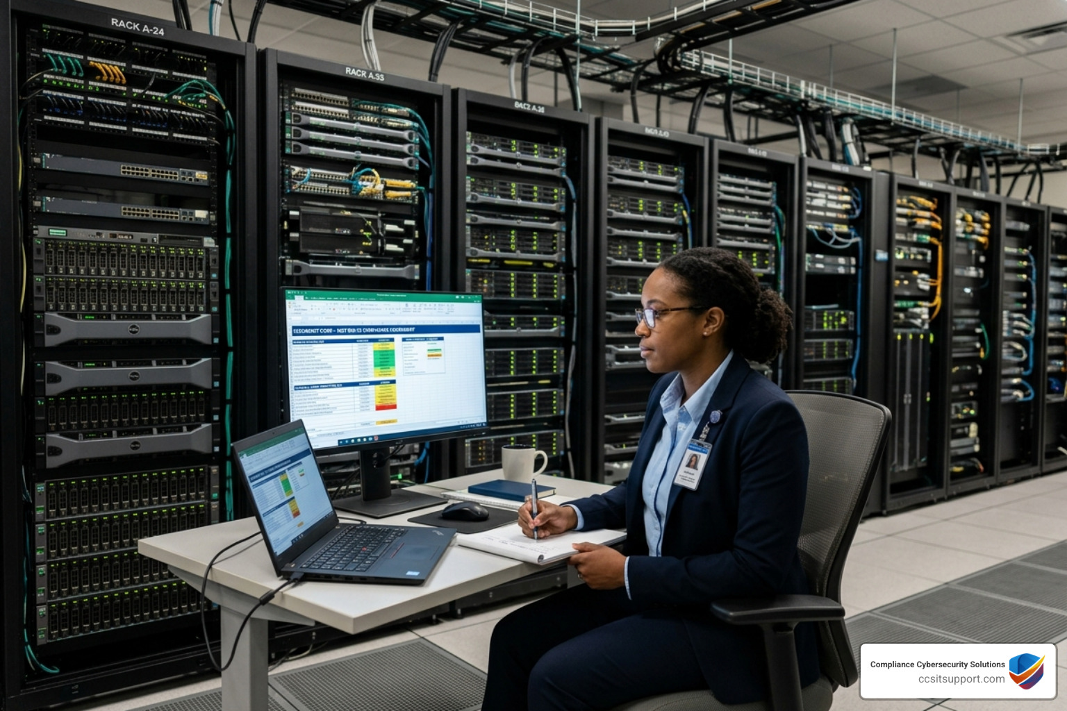 IT compliance consulting professional reviewing security frameworks in a corporate data center - it compliance consulting