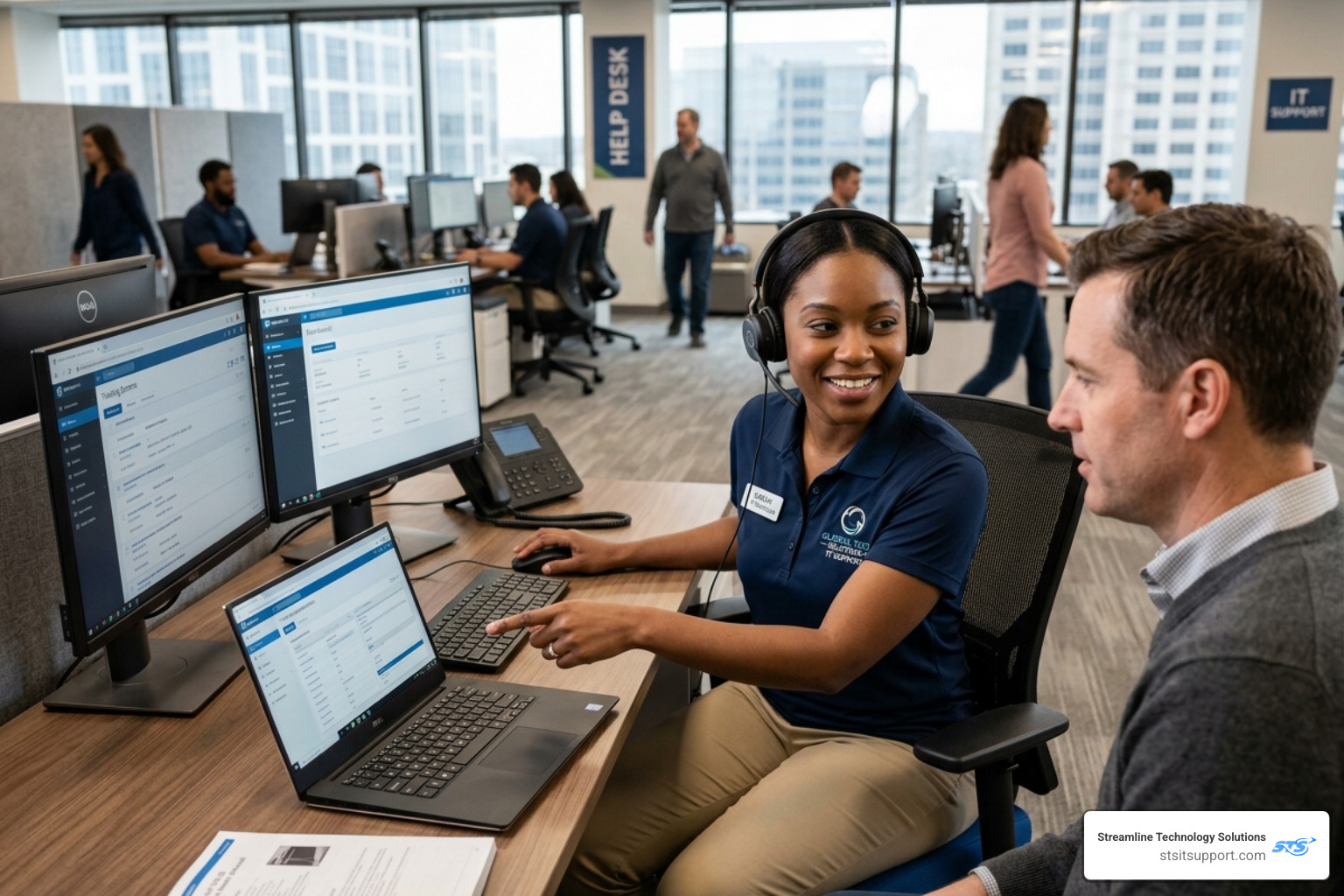 IT support desk technician helping a user at a professional help desk - it support desk