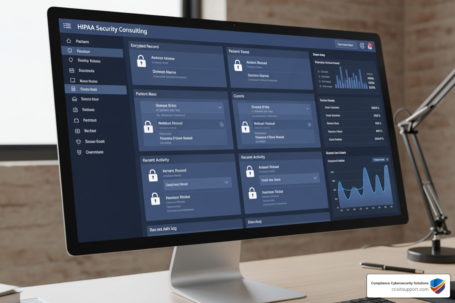 HIPAA security consulting dashboard with encrypted healthcare data