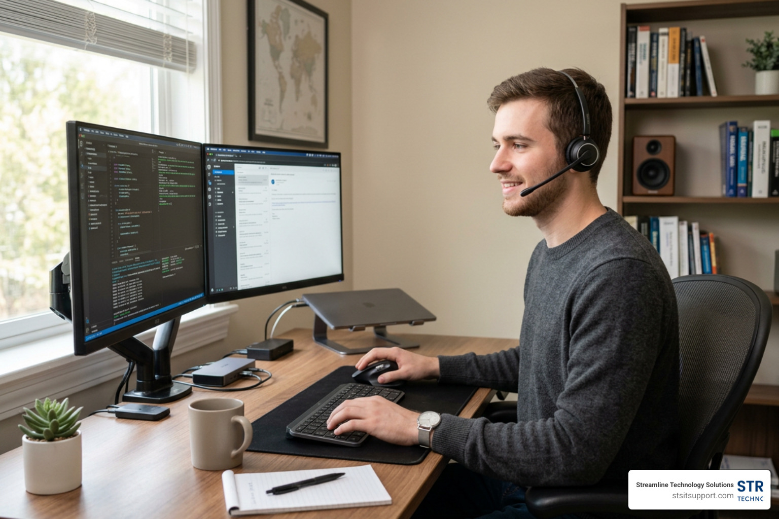 IT helpdesk remote support technician working from home at dual monitors