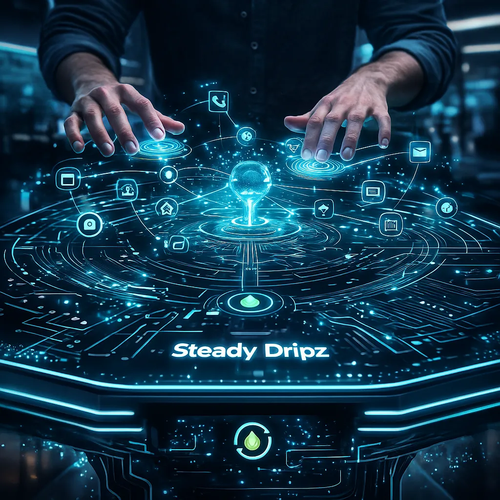 Abstract illustration of a business owner at a desk, surrounded by upward-trending charts and digital growth icons, in a modern, vibrant blue color palette. The background features subtle gradients and geometric shapes, evoking a sense of innovation and forward momentum.