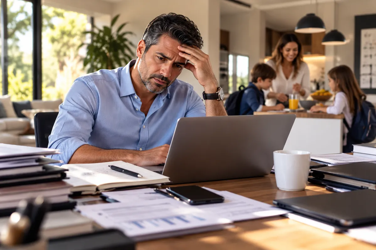 Empresario trabajando desde casa, abrumado por sus responsabilidades mientras su familia comparte tiempo juntos.