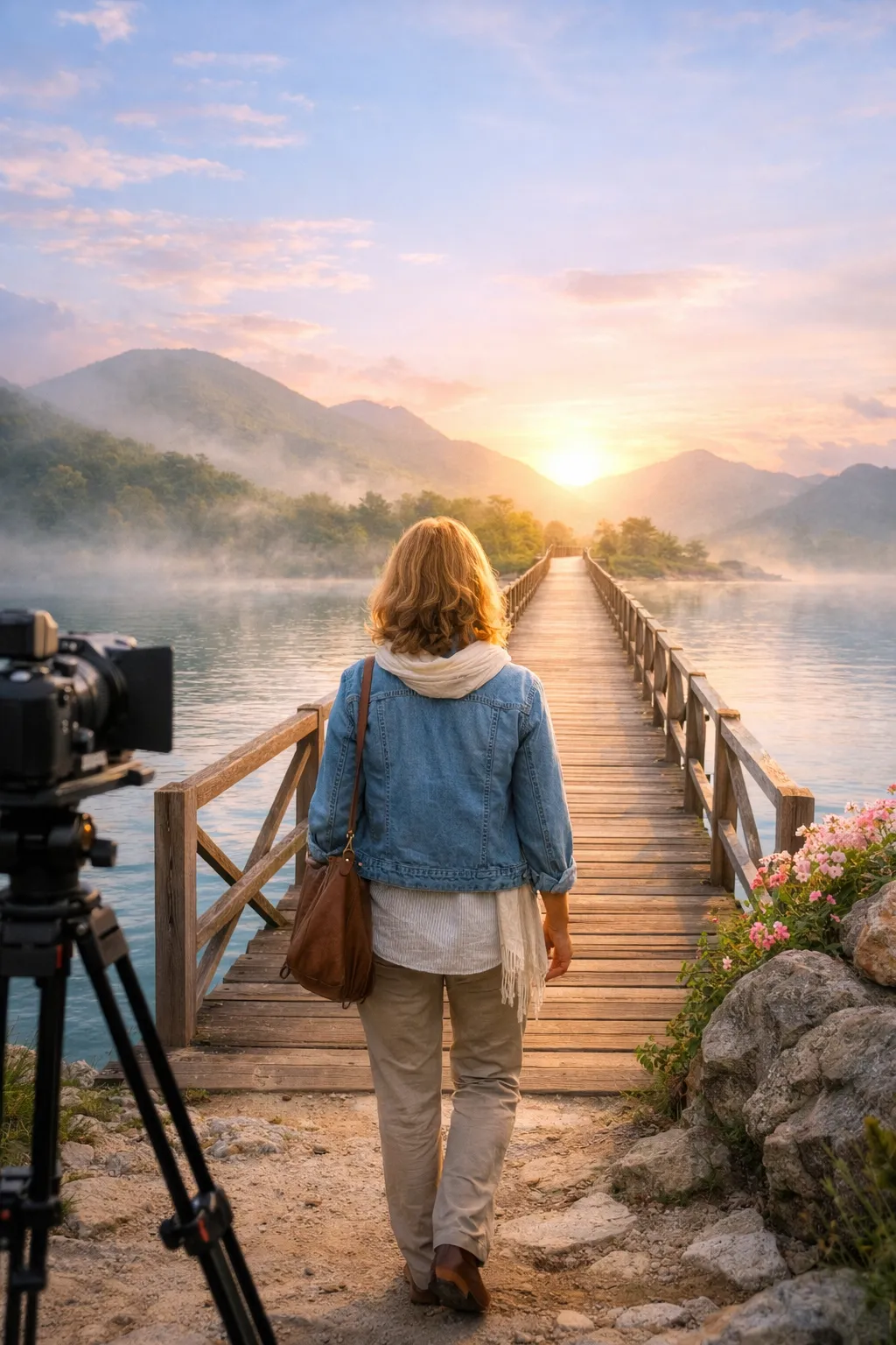 Woman walking on a wooden path towards mountains