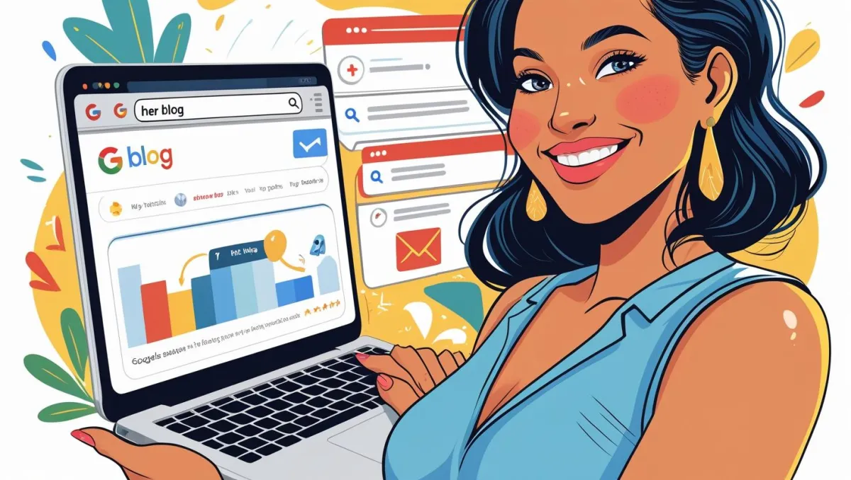 Smiling beauty business owner holding a laptop showing her blog's Google ranking progress, with charts and search snippets – concept of getting found online through blogging and SEO