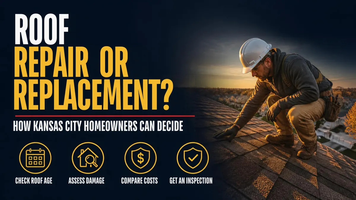 Roofing professional inspecting asphalt shingles on a Kansas City home to decide between roof repair and replacement