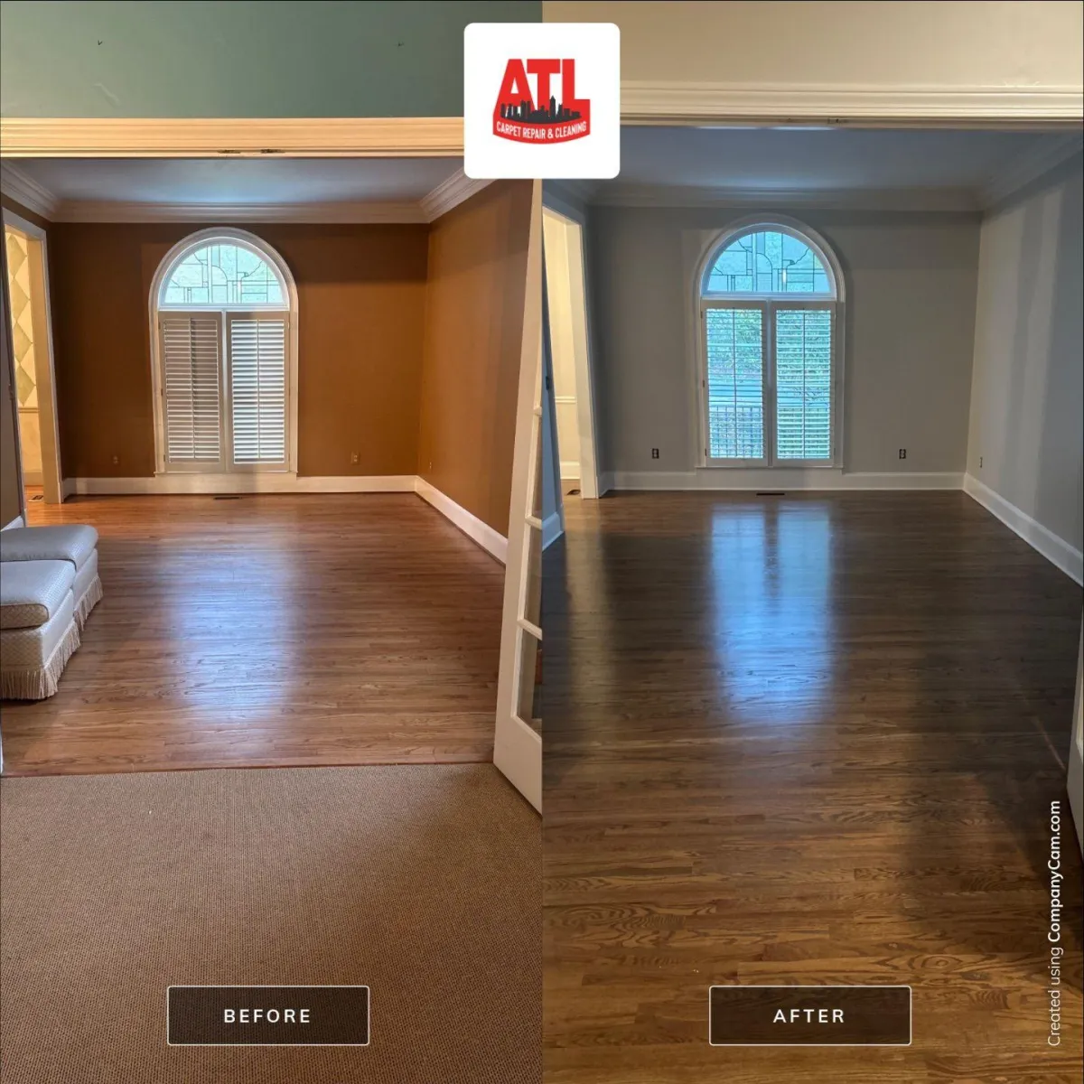 A high-resolution image of a professional refinishing hardwood floors, using advanced sanding equipment, creating a smooth and polished surface. The lighting should highlight the dust-free environment, showing a perfect glossy finish.