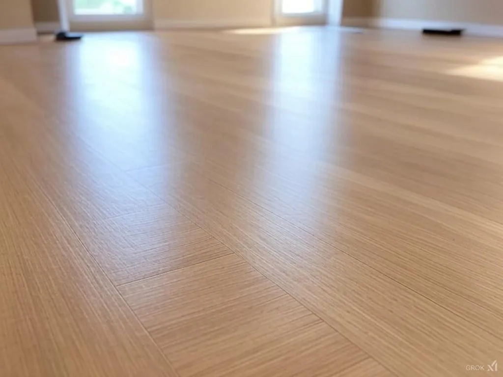 A high-resolution image of a professional refinishing hardwood floors, using advanced sanding equipment, creating a smooth and polished surface. The lighting should highlight the dust-free environment, showing a perfect glossy finish.