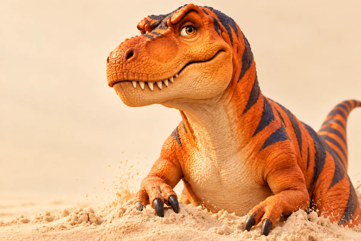Bright orange T-Rex with dark stripes emerging from sand