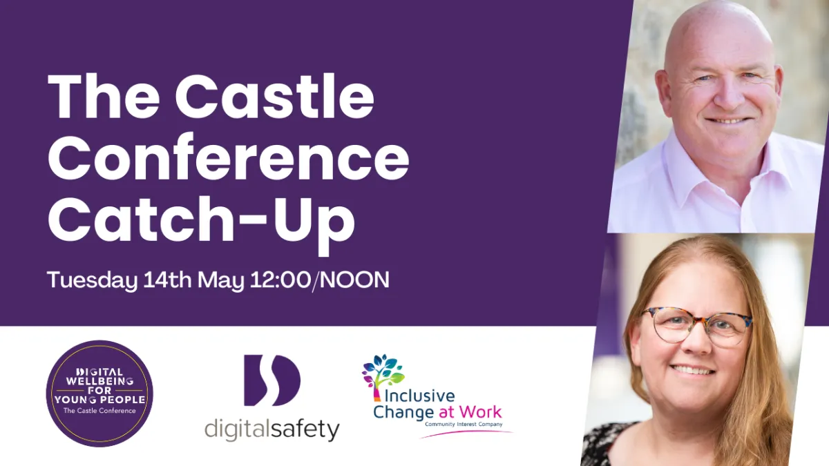 a purple and white poster for The castle conference catch-up. 