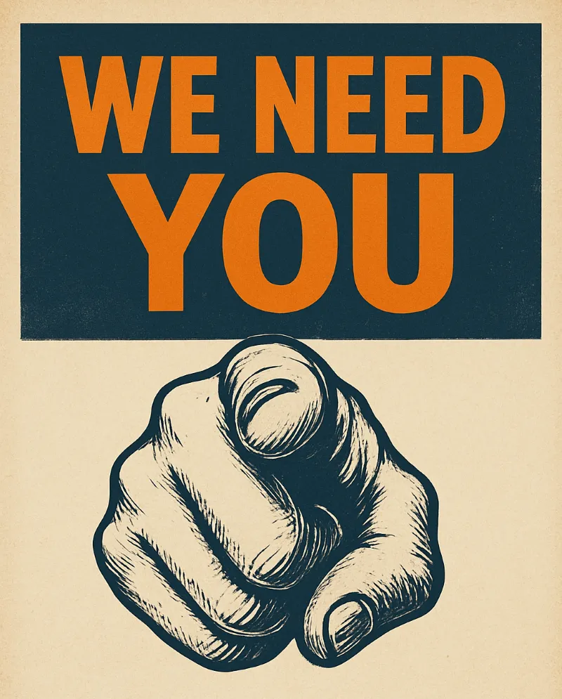 Tex saying We Need You, with a finger pointing at the user.