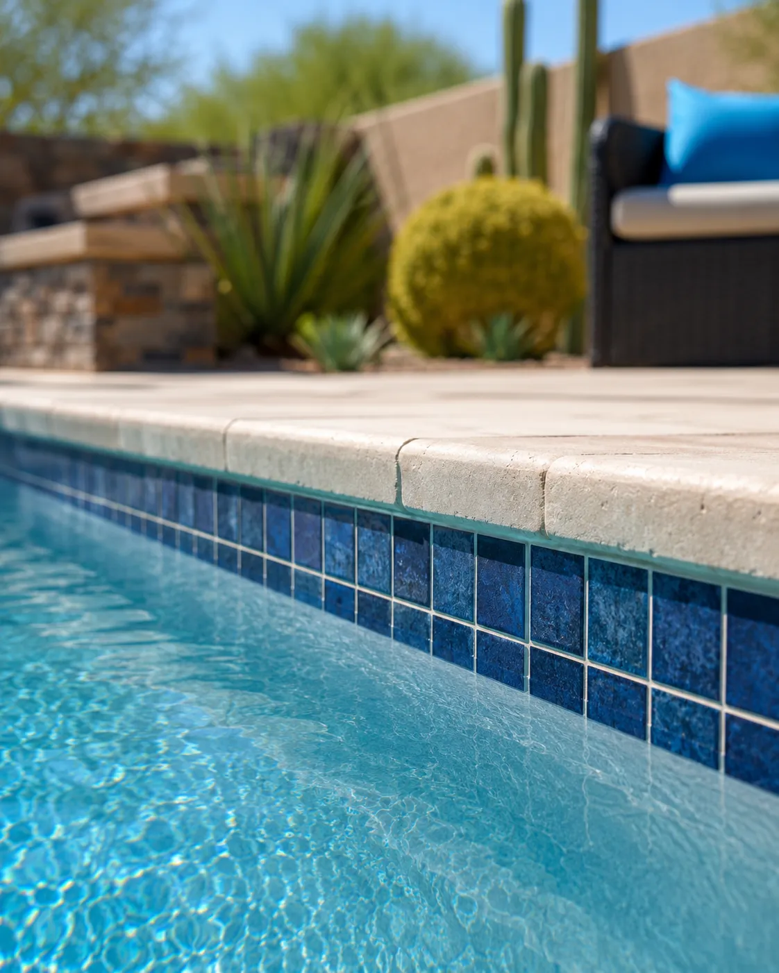 Pristine pool tiles after professional cleaning and calcium removal