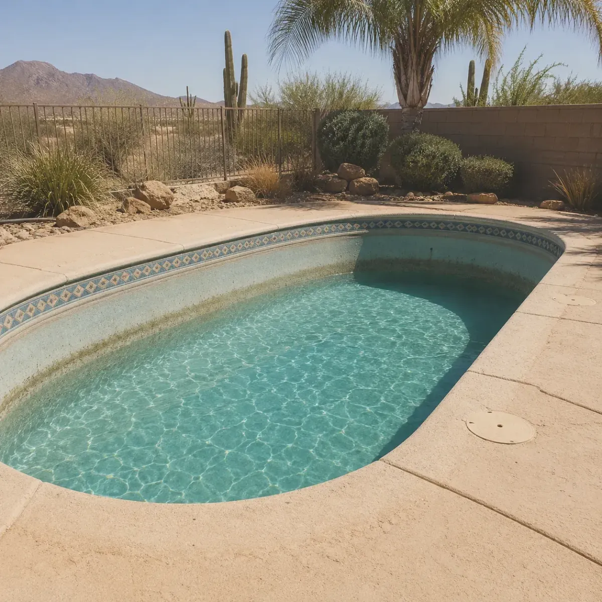 Low water level in a backyard swimming pool caused by extreme desert heat and rapid evaporation.