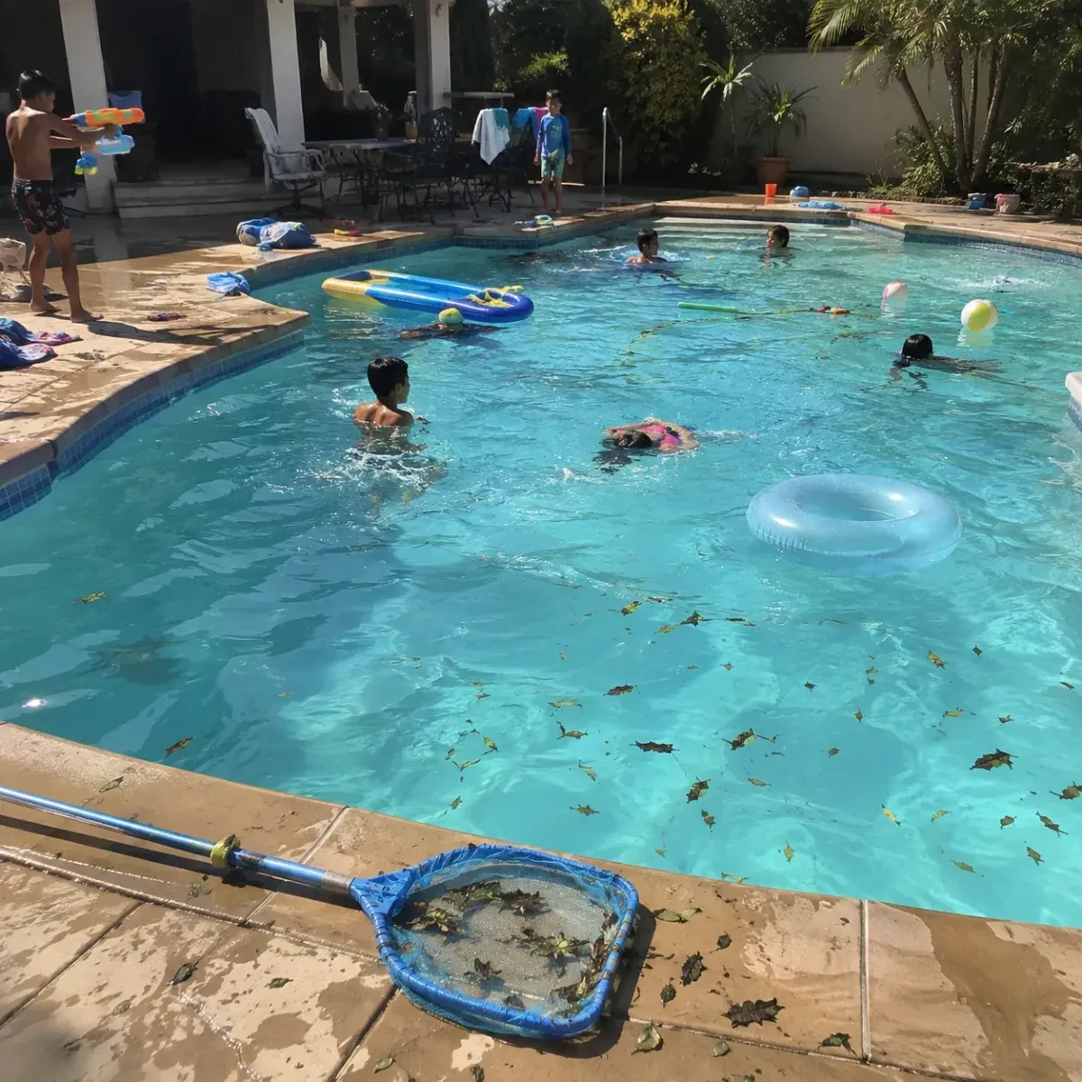 Busy residential swimming pool with several swimmers, floating toys, leaves, and increased debris from frequent summer use.