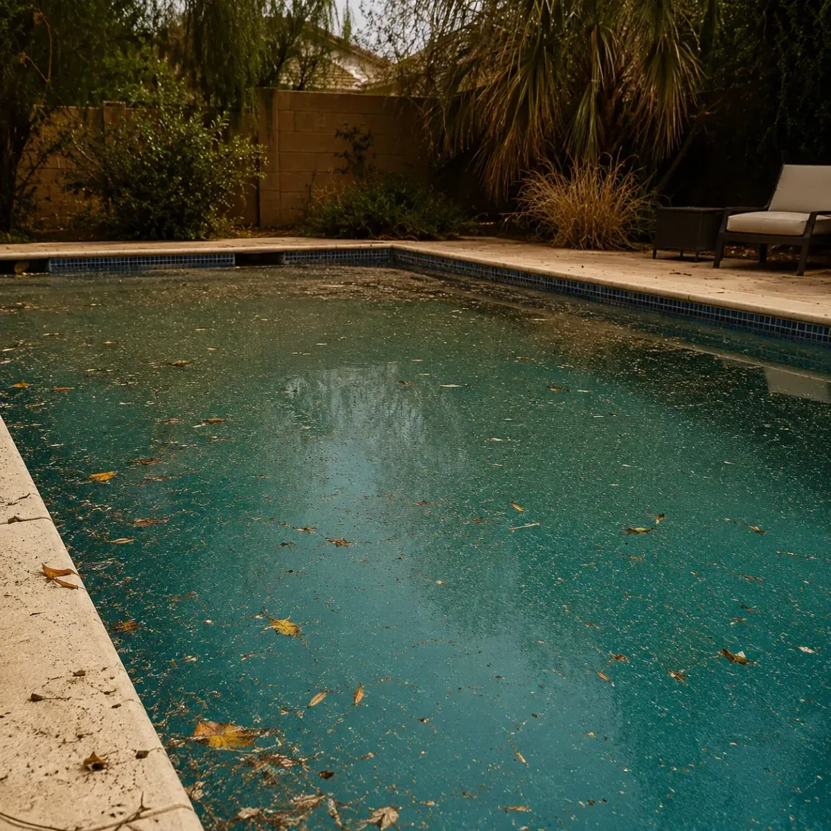 Leaves, dust, and windblown debris covering the surface of a residential swimming pool after a storm.