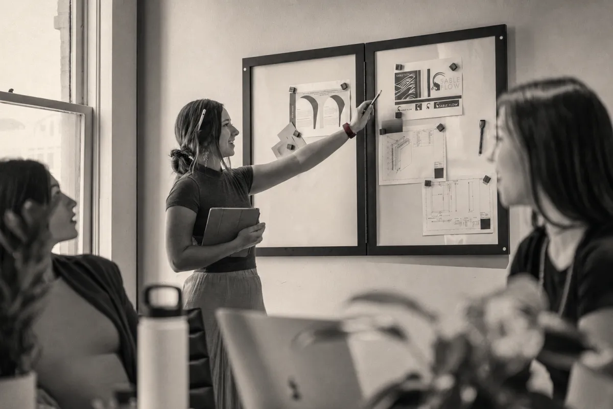 A woman presents strategic work to colleagues during a team meeting in a warm editorial monochrome photograph.