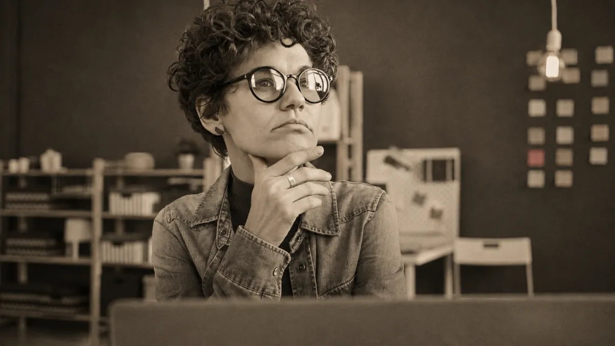 A thoughtful mid-career professional woman assessing her options in an office, shown in a warm editorial monochrome photograph.