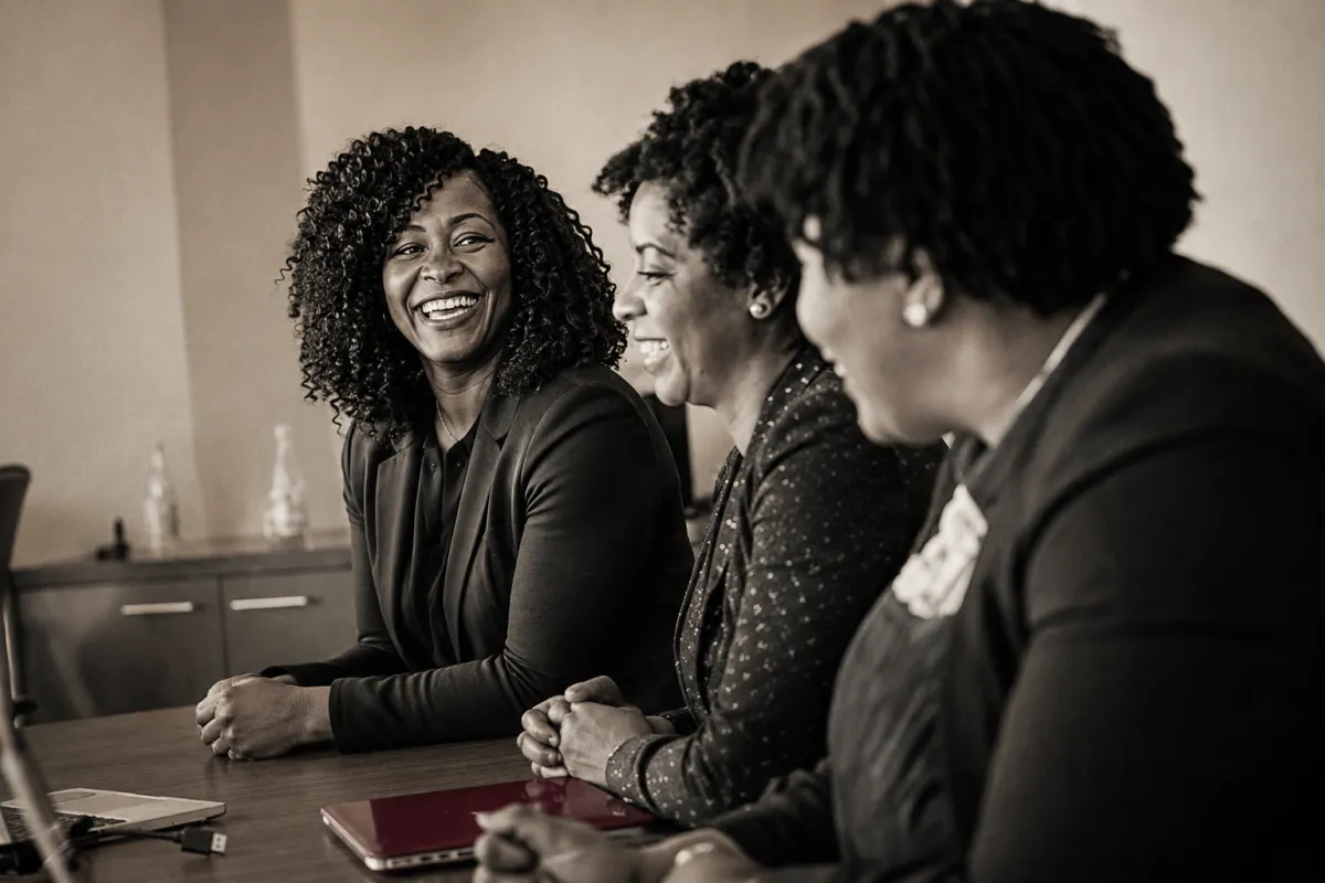 Three experienced Black women leaders collaborating around a table in a warm editorial monochrome photograph.